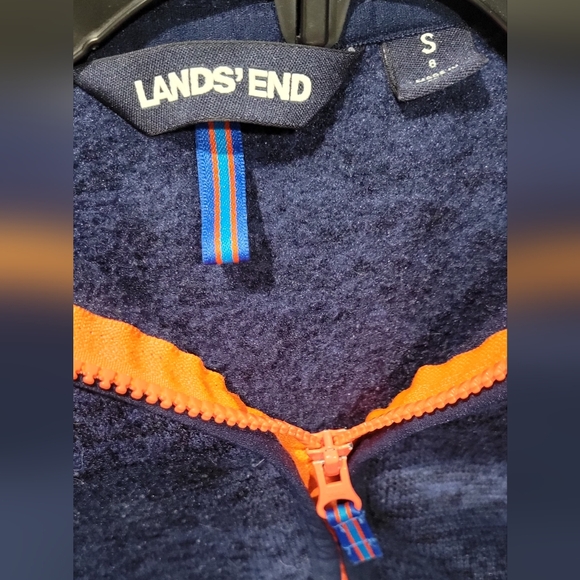 Lands' End kids' fleece full-zip jacket in navy blue with a bright orange zipper - Picture 3 of 3